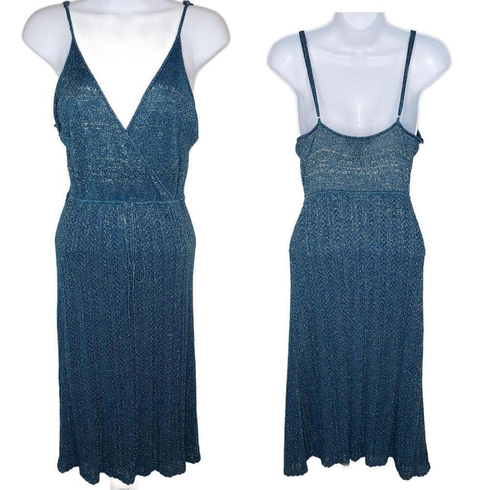 Retro Y2K Arden B. Women's Sz M Silk Blend Vneck Blue/Gold Metallic Dress(1686)